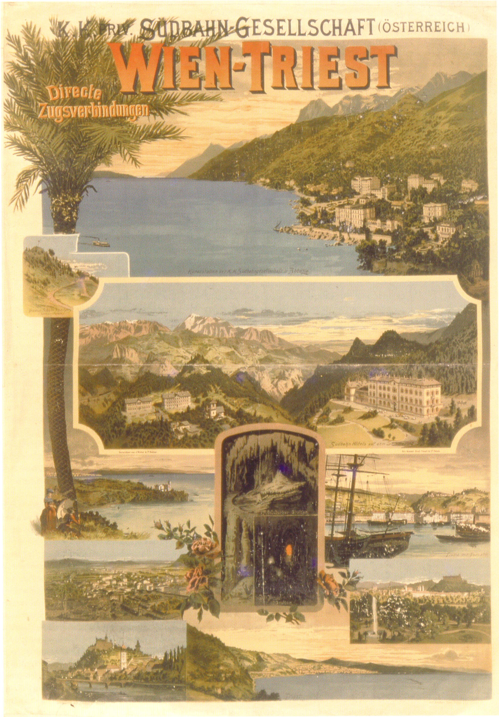 vintageowy plakat podróżniczy z napisem Wien-Triest i Südbahn-Gesellschaft Österreich, przedstawiający krajobrazy, budynki i statek