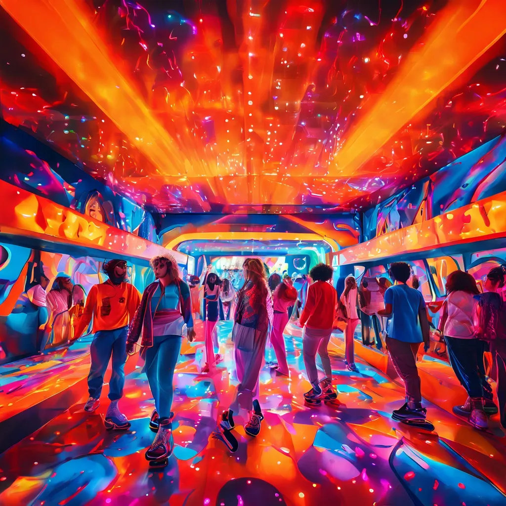 Tętniąca życiem scena z wydarzenia Roller Dreams Disco Arabesquo w WONDR Experience, pokazująca ludzi jeżdżących na rolkach w kolorowych światłach przy arabskiej muzyce.