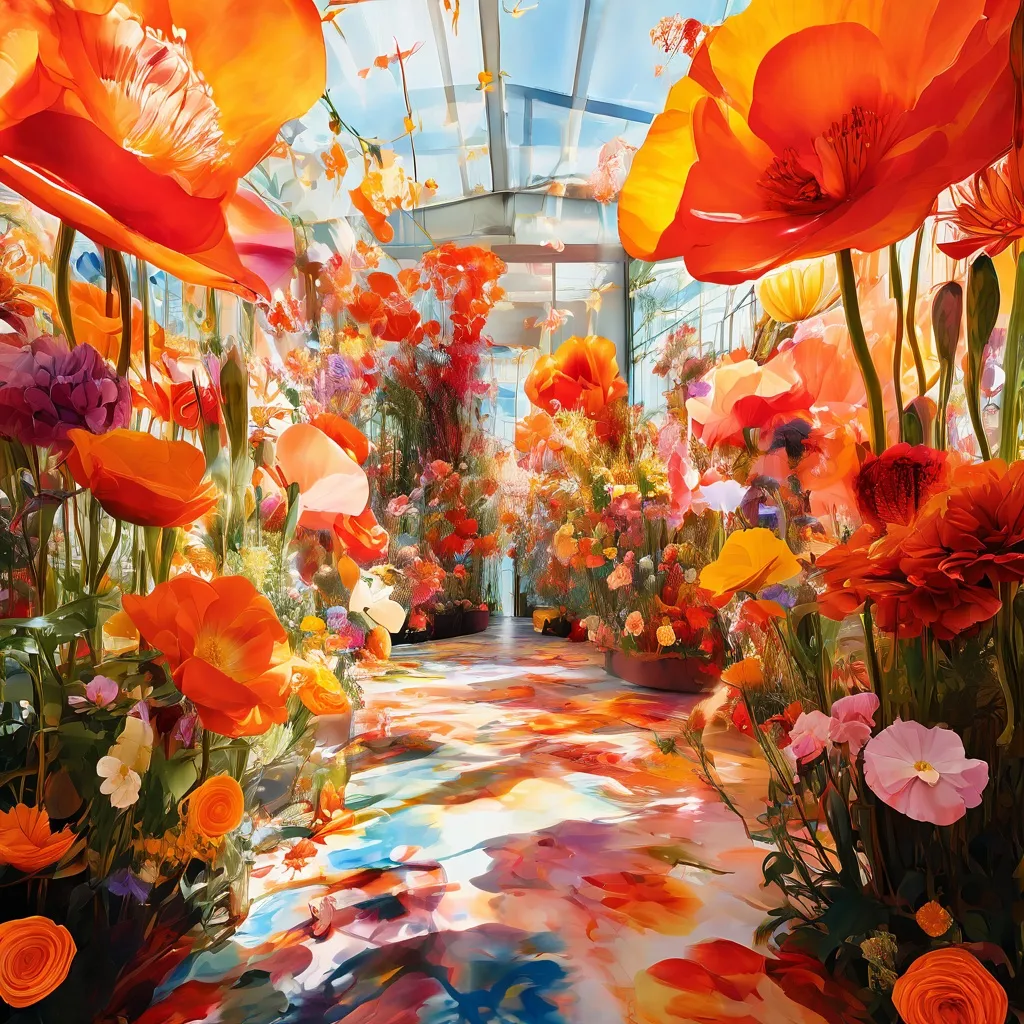 Fantastyczny, kolorowy ogród dzikich kwiatów zajmujący przestrzeń interaktywnej sztuki, z kwieciem na podłogach, ścianach i sufitach w WONDR Experience.