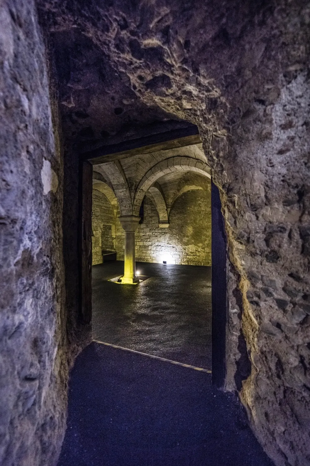 stone archway leading to a vaulted chamber with arched ceilings and a central column