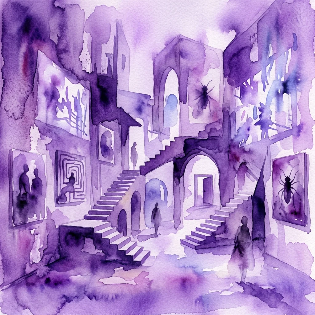 A surreal watercolor artwork depicting a labyrinthine architectural space in shades of purple, featuring abstract staircases, archways, and symbolic paintings of insects and silhouettes, evoking the paradoxical themes of Franz Kafka's writings.
