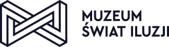 A dark logo with a geometric emblem and the text 'MUZEUM ŚWIAT ILUZJI' in light purple.