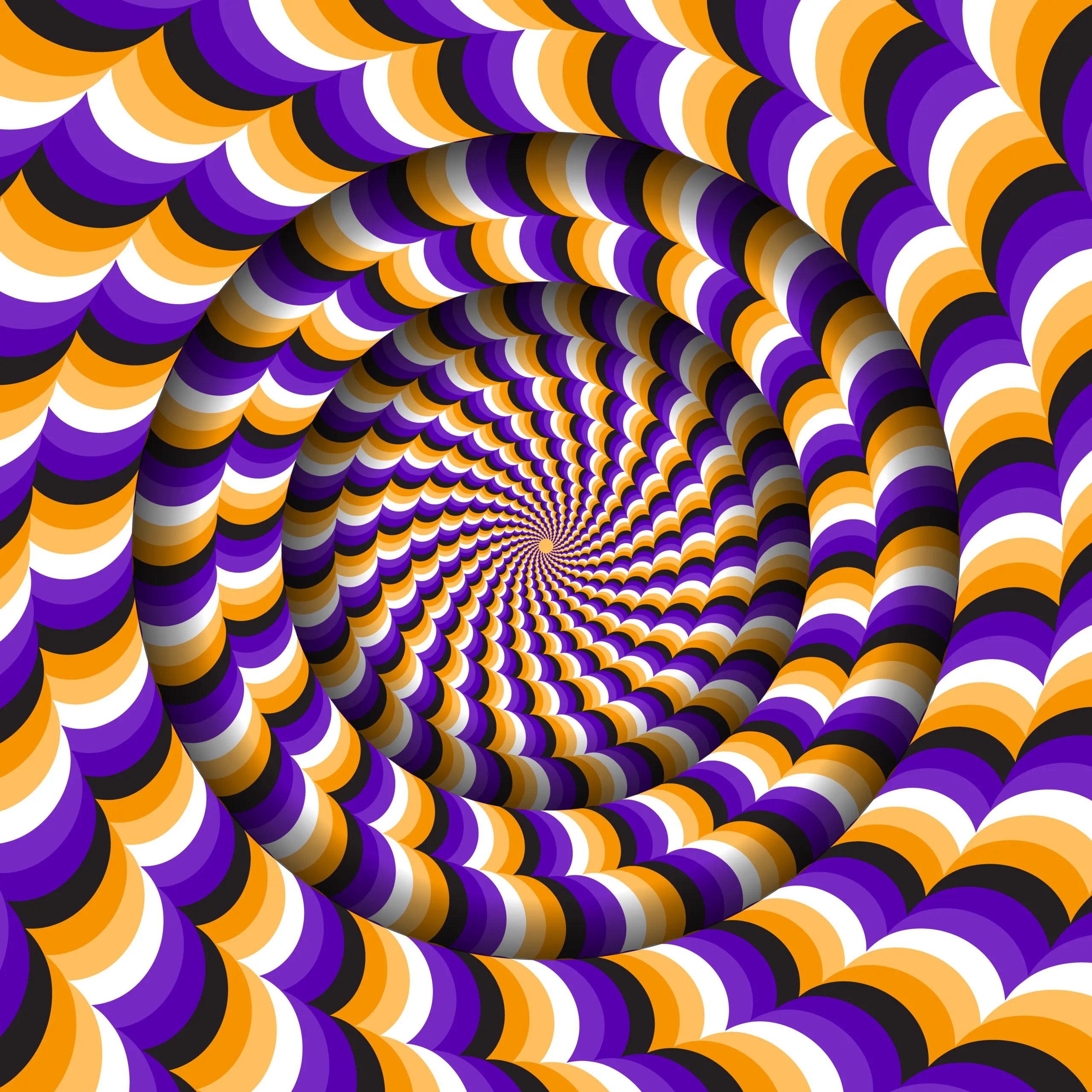 A swirling spiral of purple, orange, white, and black concentric rings creating an optical illusion