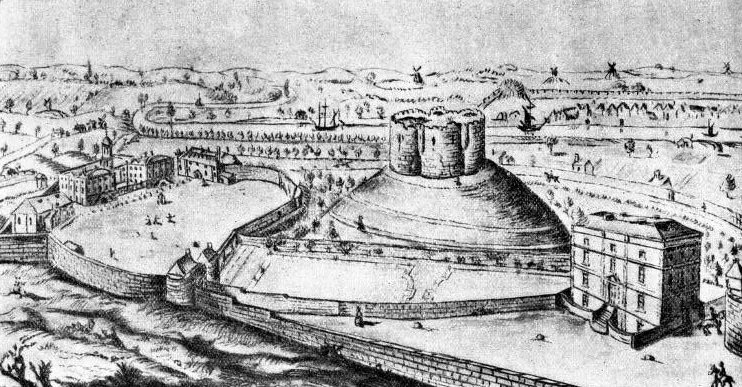 Grabado histórico de York Castle de 1820 que muestra Clifford's Tower sobre su motte, las murallas defensivas circundantes y el paisaje urbano al fondo