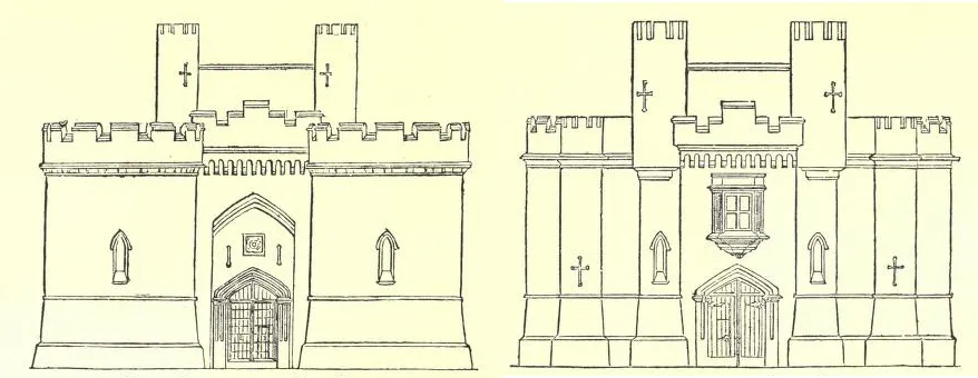 Dibujo lineal arquitectónico histórico que muestra dos vistas en alzado de la York Prison Gatehouse con almenas, torres y una entrada arqueada.