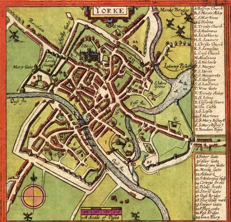 Historyczna mapa Yorku przedstawiająca mury miejskie, bramy, kościoły oraz rzekę Ouse wraz z legendą zawierającą listę zabytków