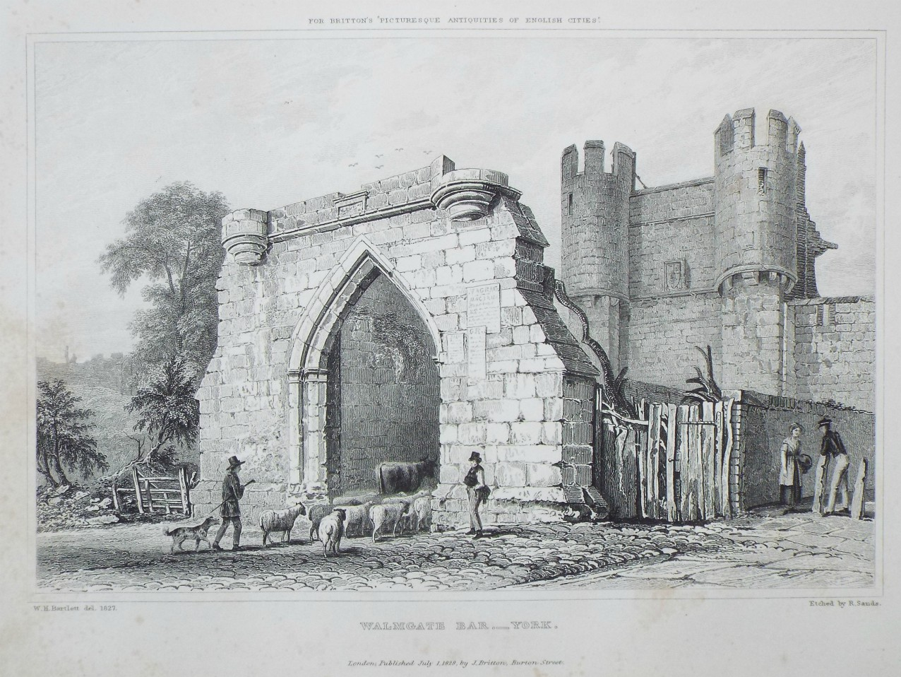 Grabado histórico de Walmgate Bar en York, que muestra la barbacana de piedra con arco apuntado, la puerta principal con dos torres redondas detrás y figuras con ovejas en primer plano.