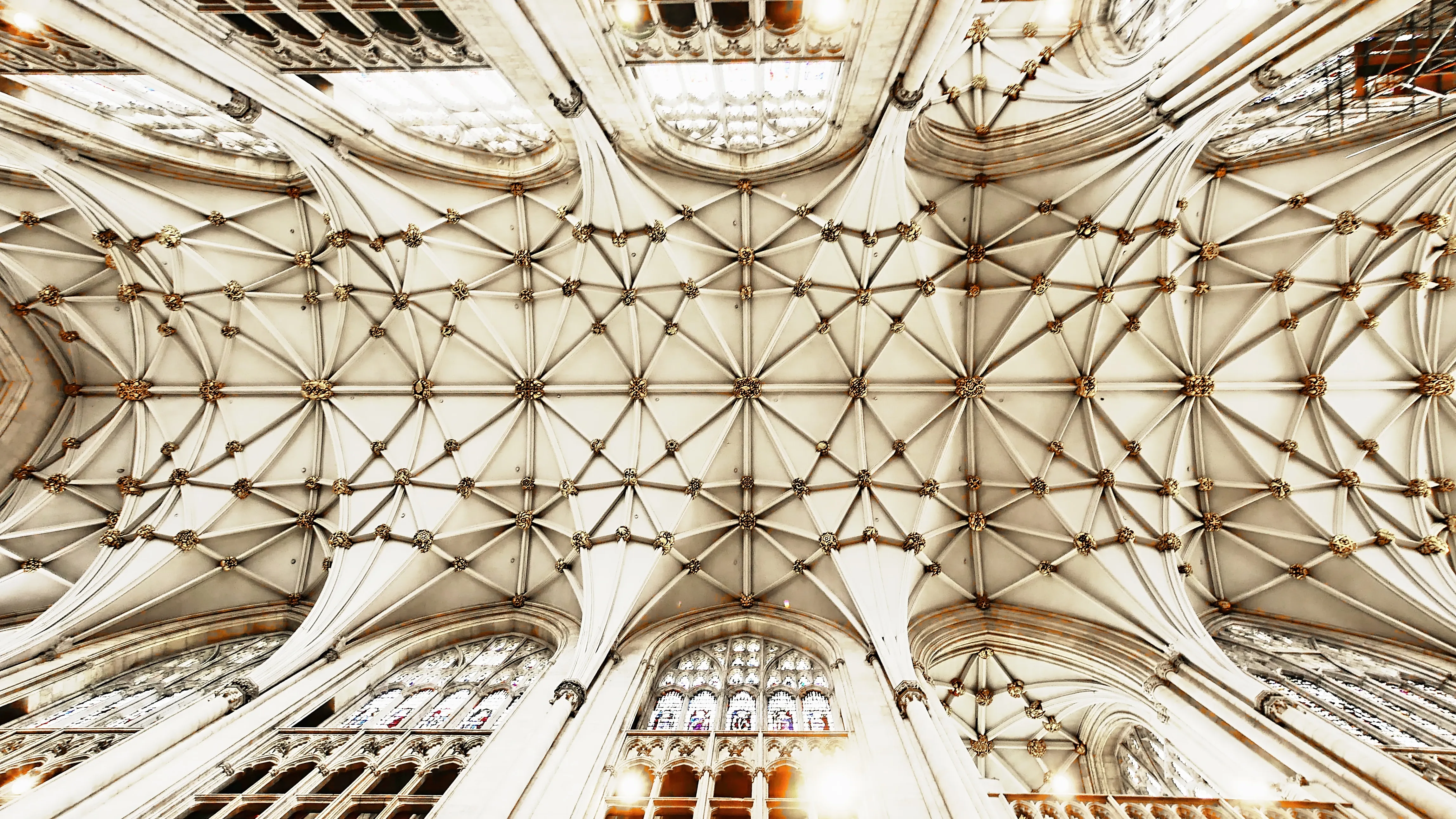 Upward view of the intricate white stone ribbed vaulted ceiling inside York Minster, with stained glass windows visible at the lower edge.