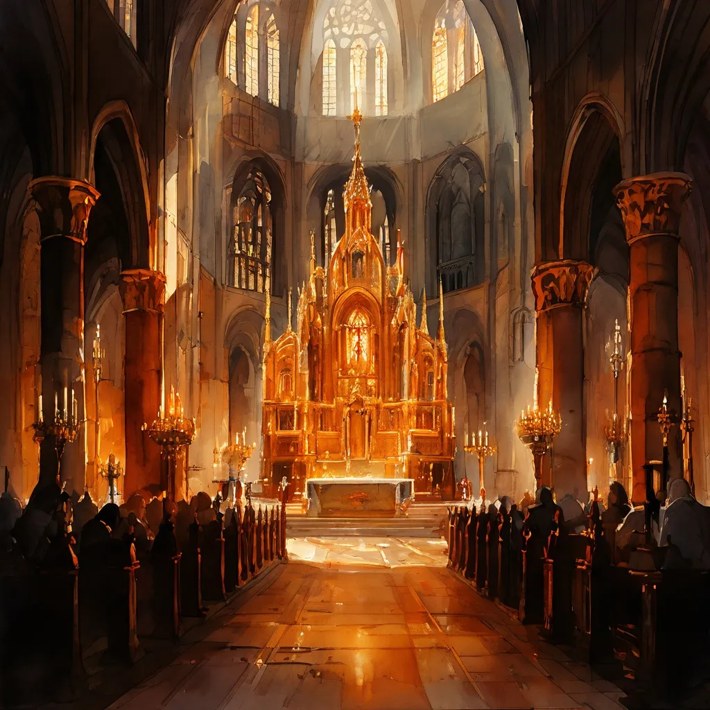 Escena solemne del interior que representa la atmósfera litúrgica de una Misa Crismal en el York Oratory.
