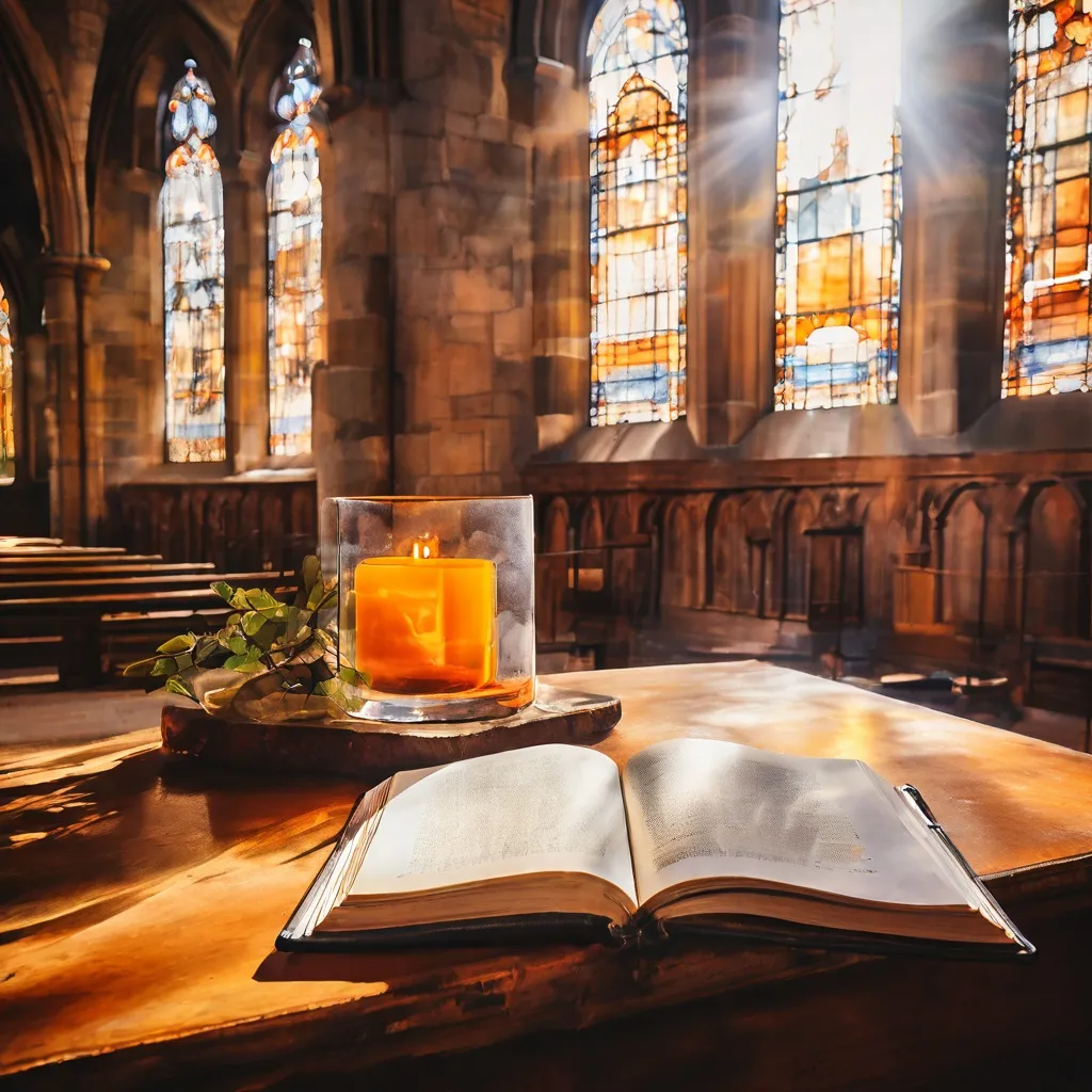 Un libro abierto descansando en un banco de madera dentro del histórico York Oratory, que refleja un ambiente tranquilo de Cuaresma.