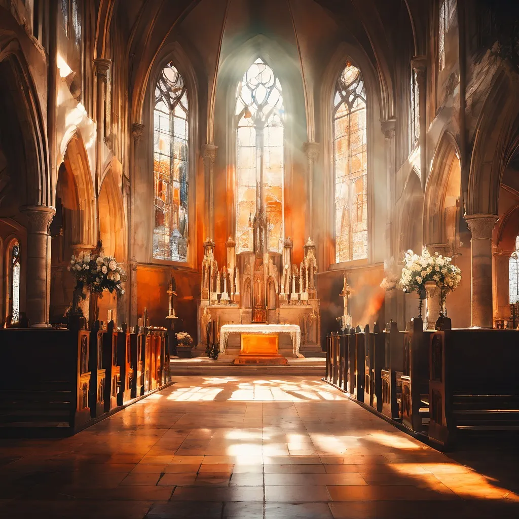 Het interieur van de historische kerk York Oratory met traditionele gotische architectuur en een warme, verstilde sfeer.