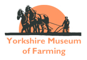 Logo van het Yorkshire Museum of Farming met een silhouet van een door paarden getrokken ploeg en een boer tegen een oranje zon, met de naam van het museum in oranje tekst eronder op een zwarte achtergrond.