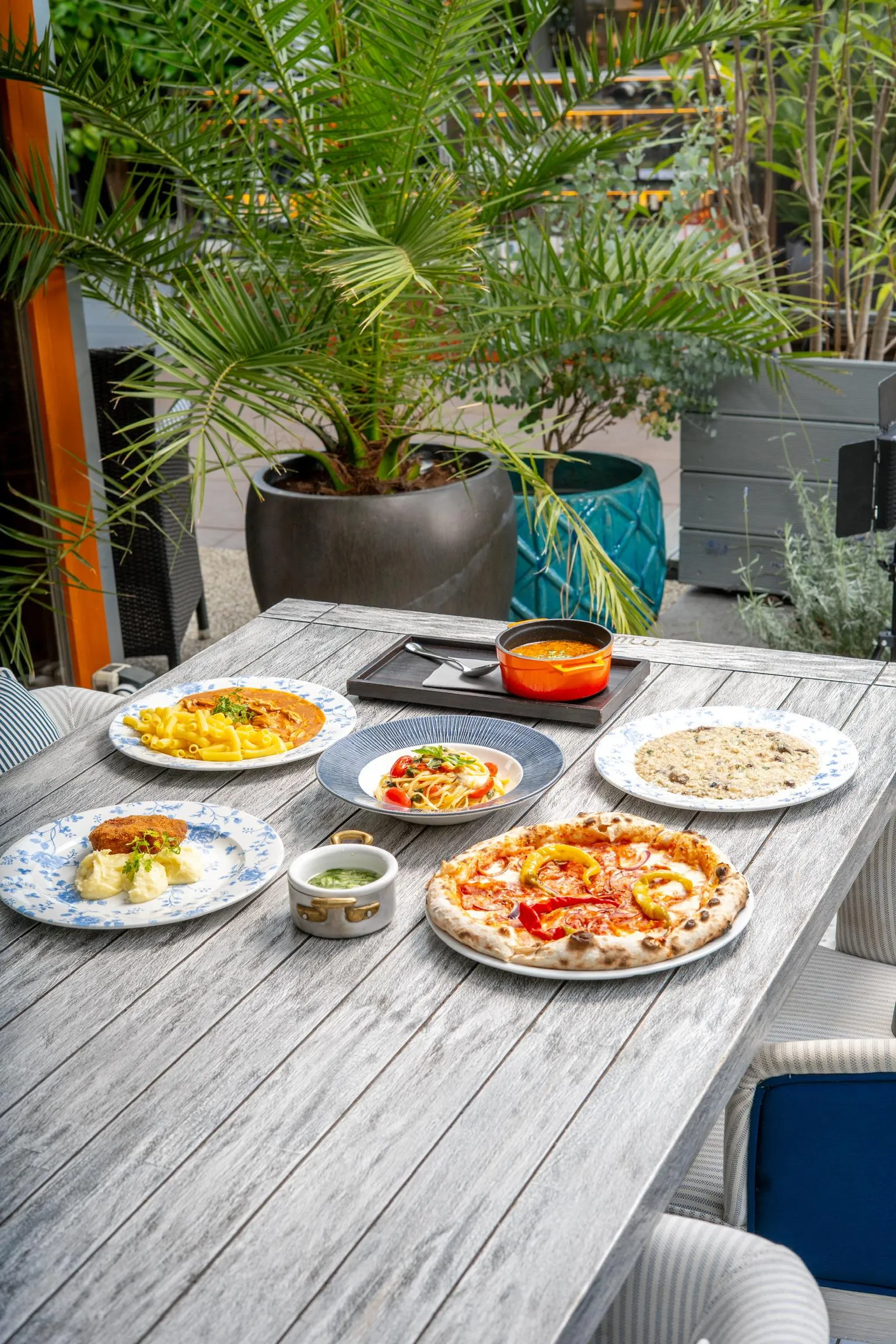 Una mesa de madera con platos de comida que incluyen pizza, pasta y aperitivos, rodeada de plantas en macetas.