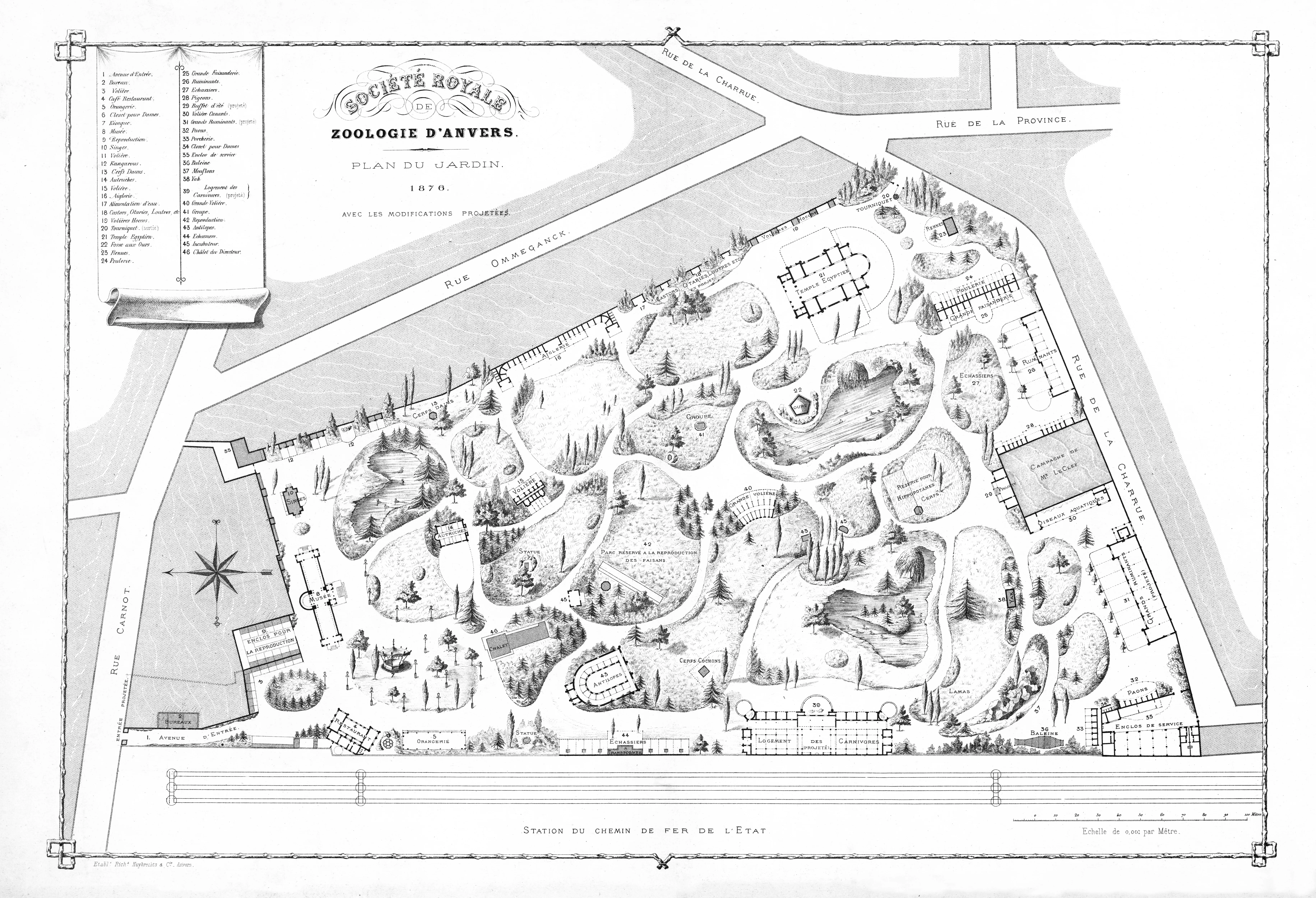 Mapa histórico de 1878 de la Société Royale de Zoologie d'Anvers que muestra la distribución del recinto del zoológico con sus senderos, recintos, edificios y las calles circundantes.
