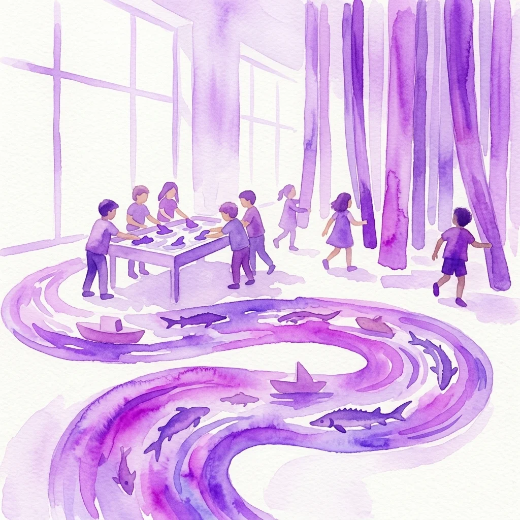 Kinderen die interageren met een speelse, paarse tentoonstelling in aquarel-stijl van de Donau, met een kronkelend riviertraject, boten en vissen in een museumsetting.