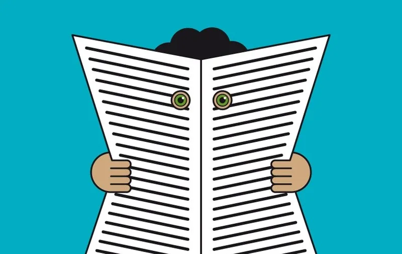 una ilustración estilizada de un niño leyendo un periódico con solo los ojos y las manos visibles sobre un fondo azul